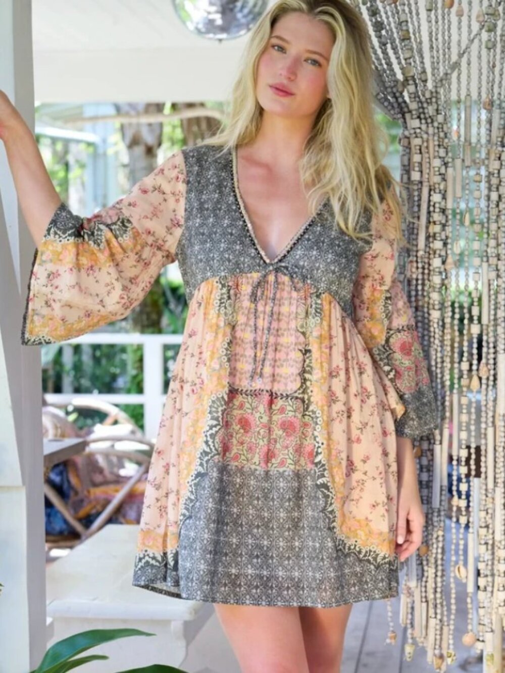 Natural Life NWT Isabella Sequin Mini Dress V Neck Pink Ditsy Patchwork